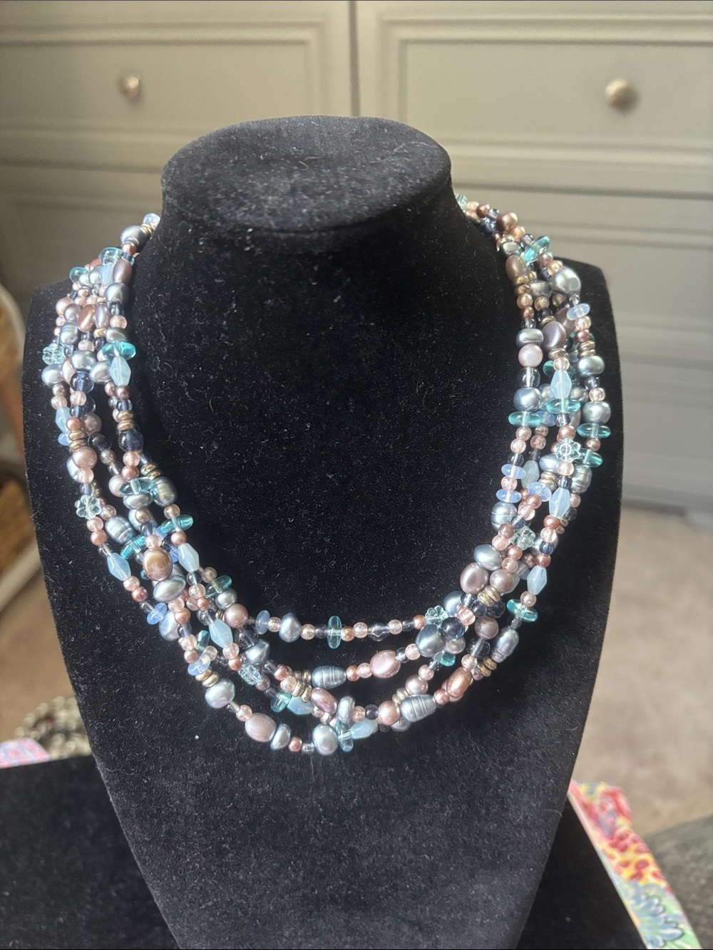 Vintage Multi-Strand Blue and Champagne Pearl Beaded Necklace